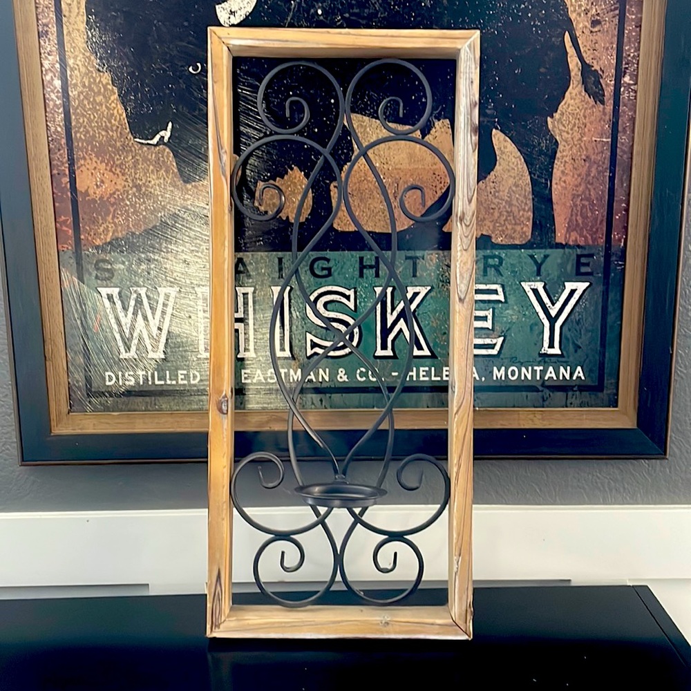 Large iron & wood candle holder